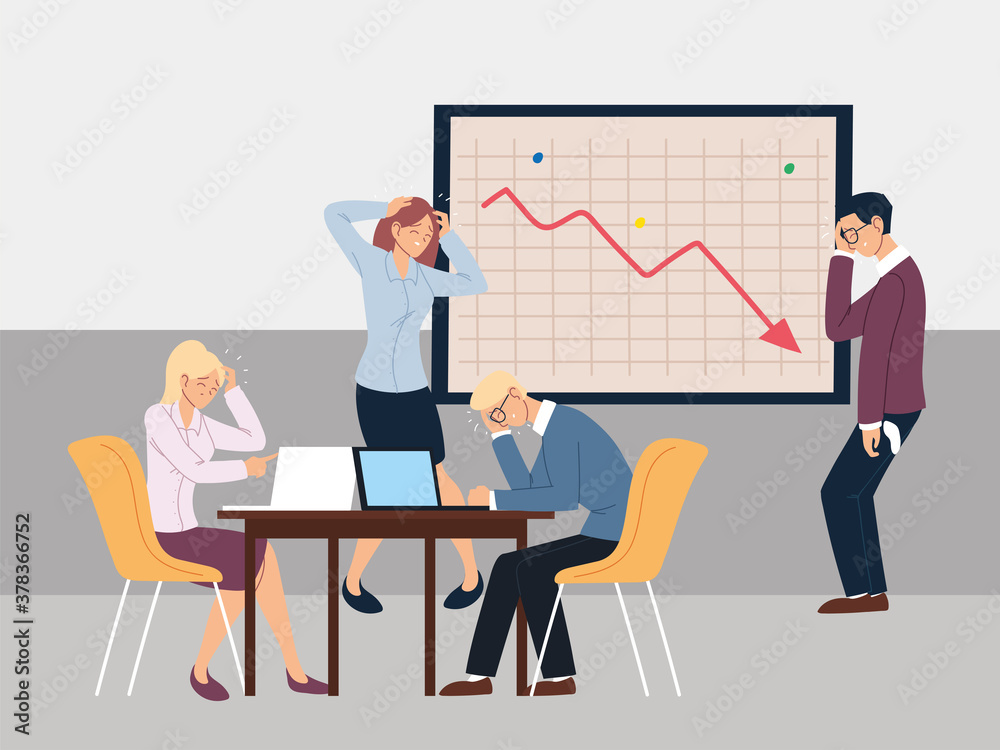 group of people at presentation of decreasing chart, financial crisis or economic problems group of people at presentation of decreasing chart, financial crisis or economic problems