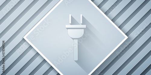 Paper cut Electric plug icon isolated on grey background. Concept of connection and disconnection of the electricity. Paper art style. Vector Illustration.