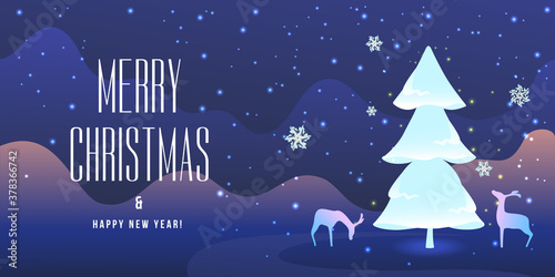Greeting card Merry Christmas and Happy New Year. Abstract light Christmas tree on a dark background with snow and clouds. Decorative deer. New Year concept.