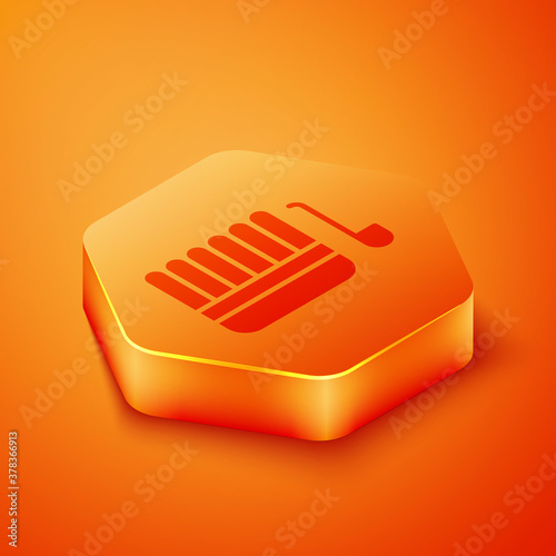 Isometric Sauna bucket and ladle icon isolated on orange background. Orange hexagon button. Vector Illustration.