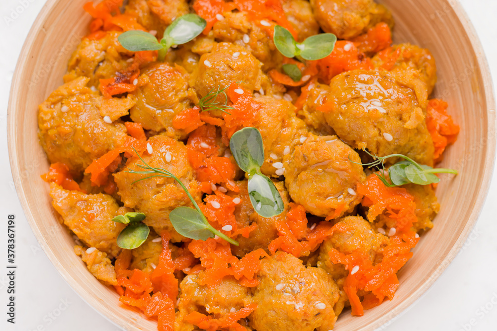 Vegan dish with micro greens and soy meat