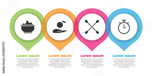 Set Sea salt in a bowl, Apple in hand, Cotton swab for ears and Stopwatch. Business infographic template. Vector.