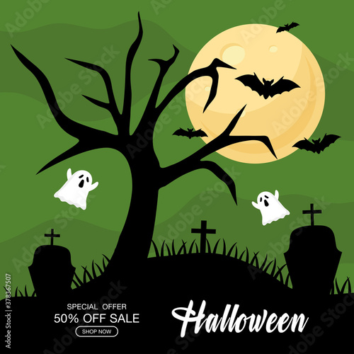 halloween special offer sale with ghosts cartoons at cemetery design, shop now and ecommerce theme Vector illustration