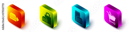 Set Isometric Online ordering burger delivery, Online ordering burger delivery, Online ordering and delivery and Shopping cart and food icon. Vector.