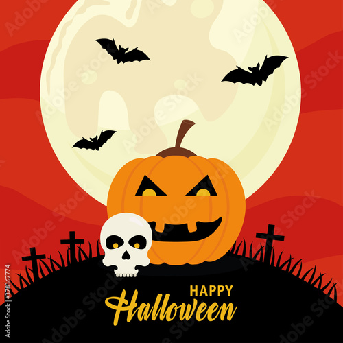 happy halloween with pumpkin and skull design, holiday and scary theme Vector illustration