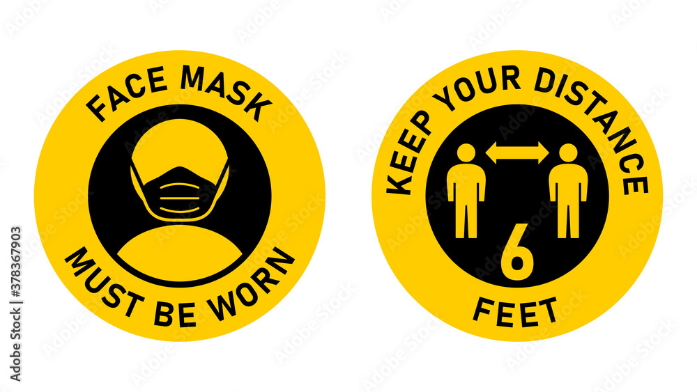 Naklejka premium Set of Circular Measure Warning Signs against the Spread of Coronavirus including Face Mask Must Be Worn and Keep Your Distance 6 Feet. Vector Image.
