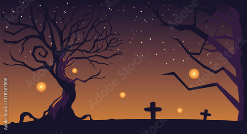 halloween background with cemetery and tombstones at night