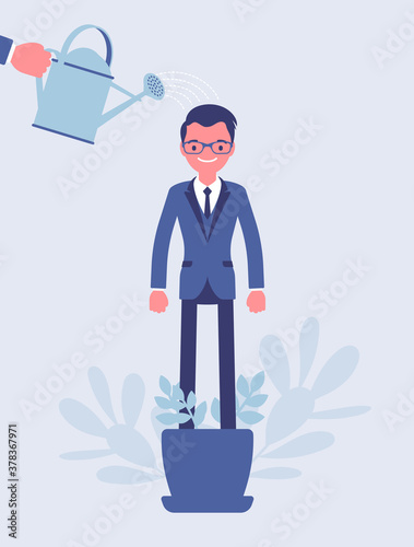 Growing male talent, business and personal development. Helping man grow in plant pot, watering to support, make strong, healthy, professional growth, training. Vector creative stylized illustration