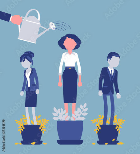 Growing female talent from favorite employee. Helping one person grow in plant pot watering to support, make strong, healthy, give professional growth, training. Vector creative stylized illustration