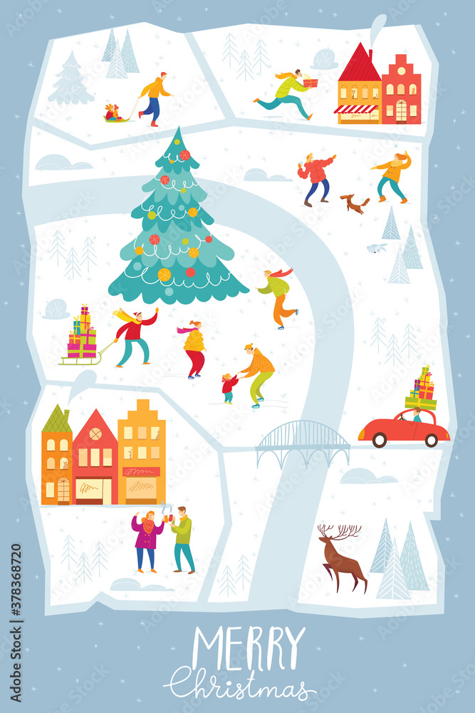 Merry Christmas card with city map and people doing winter activities.