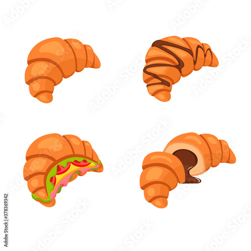Fresh croissant with hot chocolate, sliced croissant with chocolate, croissant sandwiches, croissant icon. Vector illustration.