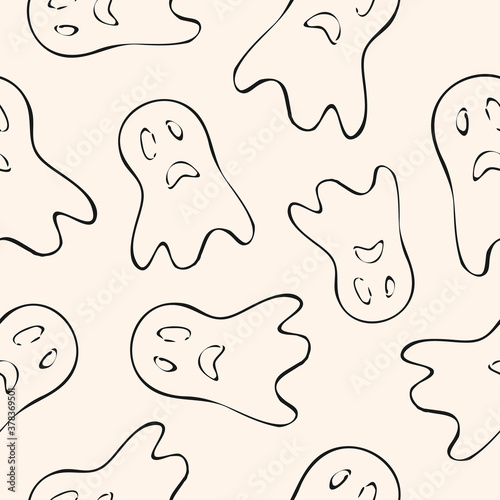 Halloween vector seamless pattern. Black and white abstract texture with scary face, ghost silhouette. Simple monochrome linear background. Creepy funny design for decor, print, wrap, cover, wallpaper