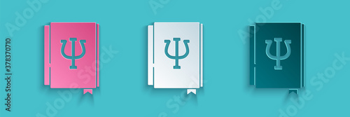 Paper cut Psychology book icon isolated on blue background. Psi symbol. Mental health concept, psychoanalysis analysis and psychotherapy. Paper art style. Vector.