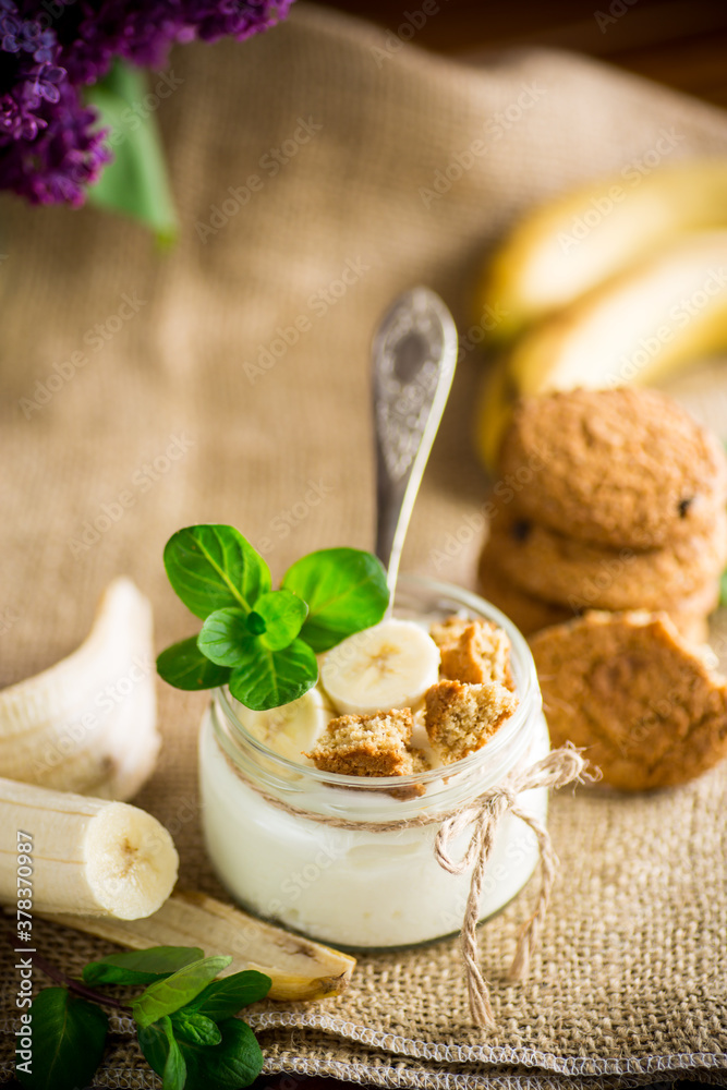 sweet homemade yogurt with fresh bananas and slices of oatmeal cookies sweet homemade yogurt with fresh bananas and slices of oatmeal cookies