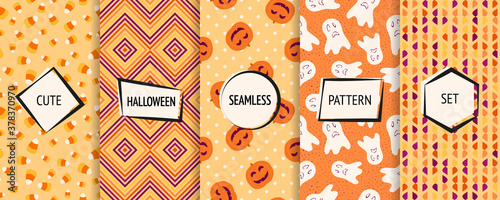 Halloween seamless patterns collection. Vector set of funny background swatches with modern labels. Cute abstract textures with pumpkins, ghosts, candy corn, lines, dots. Design for kids, decor, print