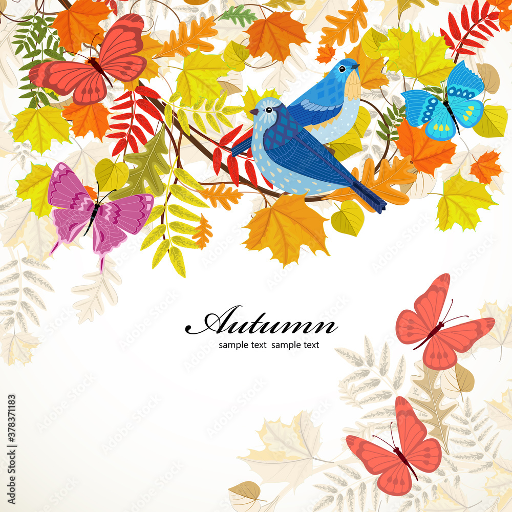 vintage greeting card with couple of blue birds on branch of aut