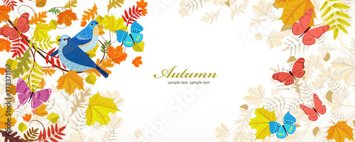 vintage banner with couple of blue birds on branch of autumn tre