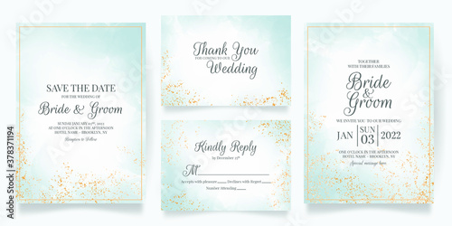 watercolor creamy wedding invitation card template set with golden floral decoration 