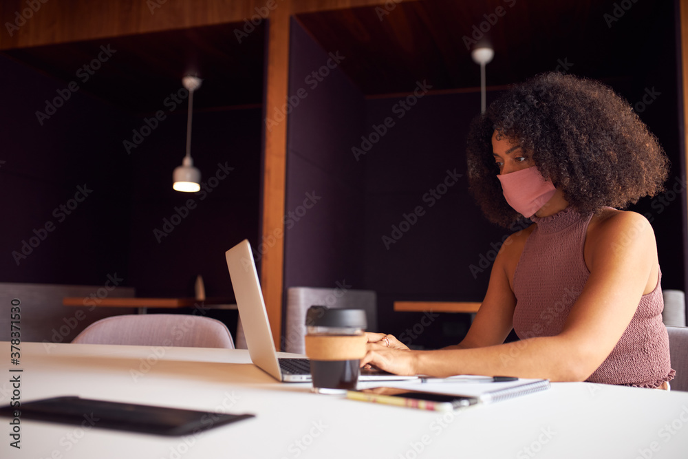 Fototapeta premium Businesswoman Wearing Mask Working At Laptop In Office During Health Pandemic