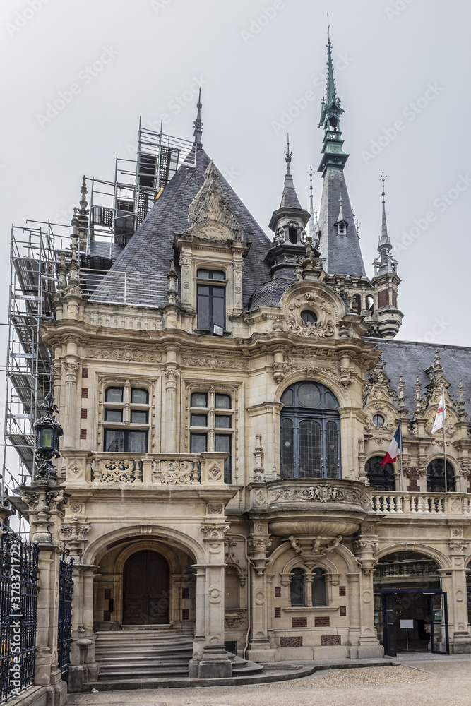 Architectural fragments of Benedictine Palace (Palais de la Benedictine, 1852) - neo-Gothic and neo-renaissance styles chateau. Fecamp, Seine-Maritime department, Haute-Normandie, France.