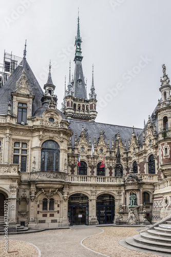 Architectural fragments of Benedictine Palace (Palais de la Benedictine, 1852) - neo-Gothic and neo-renaissance styles chateau. Fecamp, Seine-Maritime department, Haute-Normandie, France.