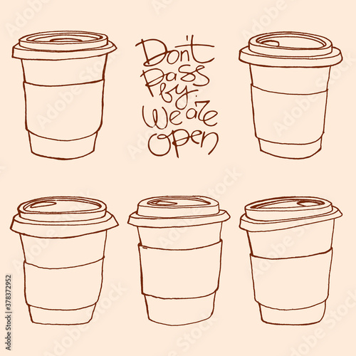 paper cup drink on the go cafe calligraphy we are open lettering coffee tea cover cardboard recycling vector line seamless sketch art