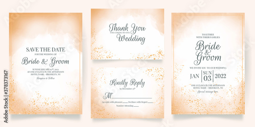 watercolor creamy wedding invitation card template set with golden floral decoration 