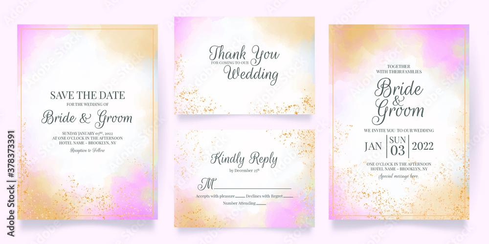 watercolor creamy wedding invitation card template set with golden floral decoration 