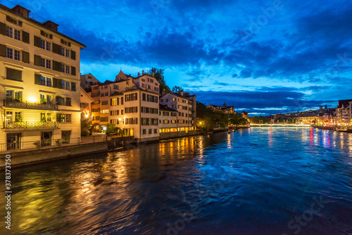 Night view at the city and river in the historical center of Zurich, Swizerland.