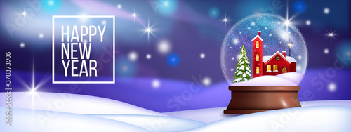 Christmas winter snow glass ball illustration with holiday house, tree, lights.  Vector x-mas banner with crystal sphere with drifts, building. Snow ball poster with violet abstract bokeh background