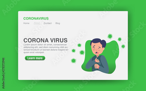 coughing man, having pneumonia ncov. covid-19 disease, web page layout, vector landing, new coronavirus pandemic, modern website, further learning buttons,