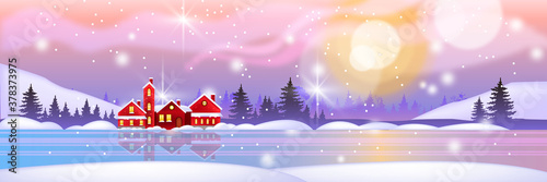 Winter Christmas landscape illustration with snow, holiday red houses trees, forest silhouette, lake. X-mas vector snowscape background with panoramic view. Winter horizontal landscape with aurora