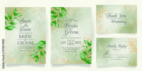 watercolor creamy wedding invitation card template set with golden floral decoration 