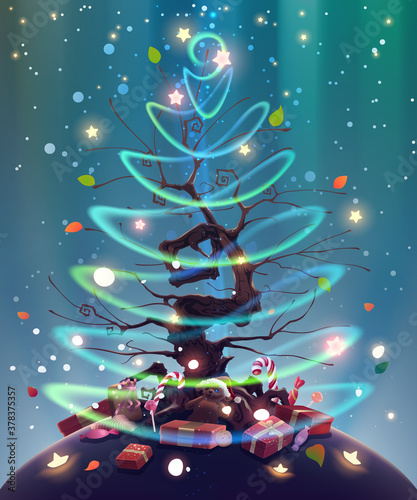 Christmas tree with green leaves, shining garland, glowing lights, presents, sweets, stars in vector. Happy New Year holiday card with gifts and decorations.