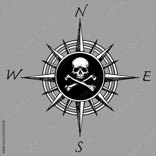 Compass rose and piracy skull head
