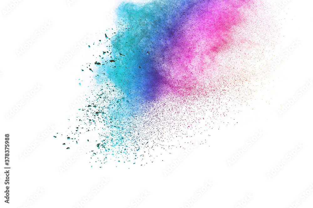 Colorful powder explosion on white background. Colored cloud. Colorful dust explode. Indian festival Holi