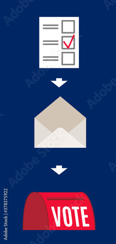 Vote by mail vector manual illustration on blue background. Voting form, envelope, post box. Elections during quarantine concept.