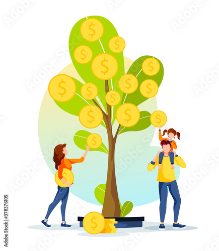 Growing tree with coins. Young famil picking cash from the money tree. Profit, income, making money, financial success, investment, family budget concept. Isolated vector illustration.