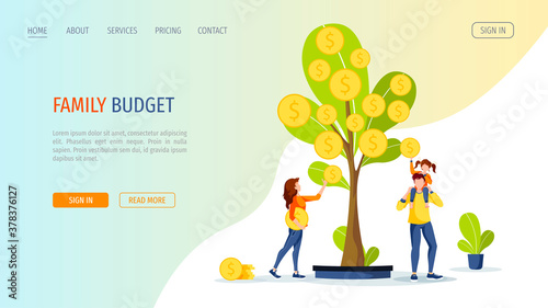Growing tree with coins. Young famil picking cash from the money tree. Profit, income, making money, financial success, investment, family budget concept. Vector illustration for banner, website.