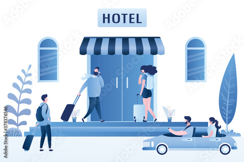 Hotel facade exterior and guests. Various tourists near hotel doors. Traveller characters with baggage arrive in apartments.