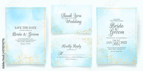 watercolor creamy wedding invitation card template set with golden floral decoration 