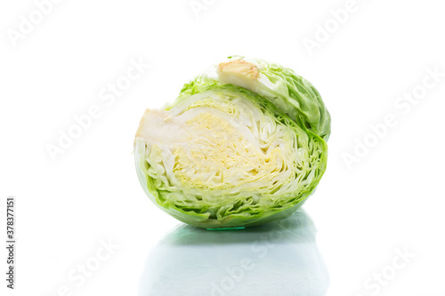 early green cabbage cut in half swing on a white background © Peredniankina