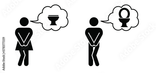 Piss stress. Woman and man standing and want to pee. Closed WC. Stressed people wants to urinate. Persons holding his bladder. Toilet or restroom. photo