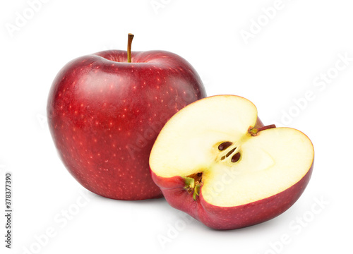 Fresh red Apple fruit with cut in half isolated on white background with clipping path.