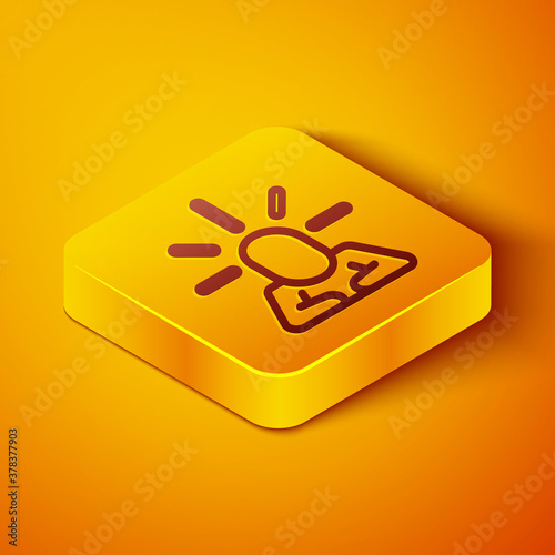 Isometric line Depression and frustration icon isolated on orange background. Man in depressive state of mind. Mental health problems. Yellow square button. Vector.