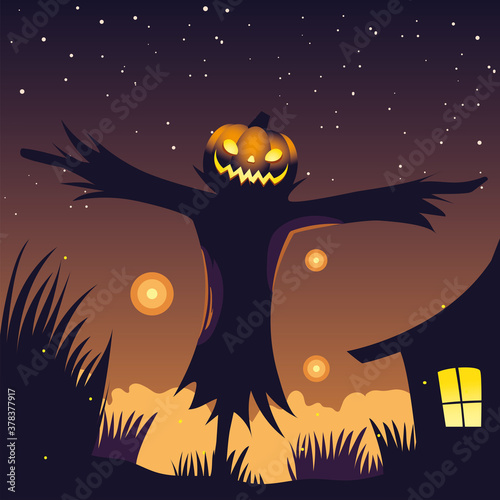 halloween night background with scarecrow