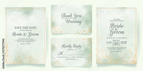 watercolor creamy wedding invitation card template set with golden floral decoration 