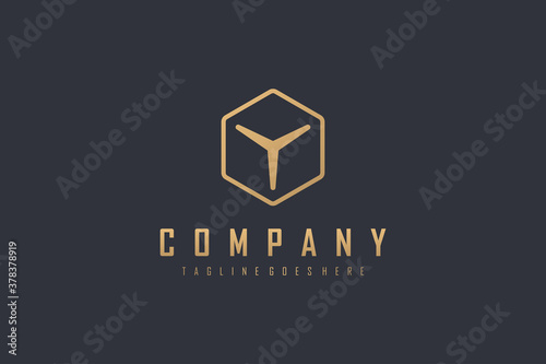 Abstract Initial Letter Y Logo. Gold Geometric Shape Y Icon Arrow Style with Hexagon Line Frame on Black Background. Usable for Business and Branding Logos. Flat Vector Logo Design Template Element.