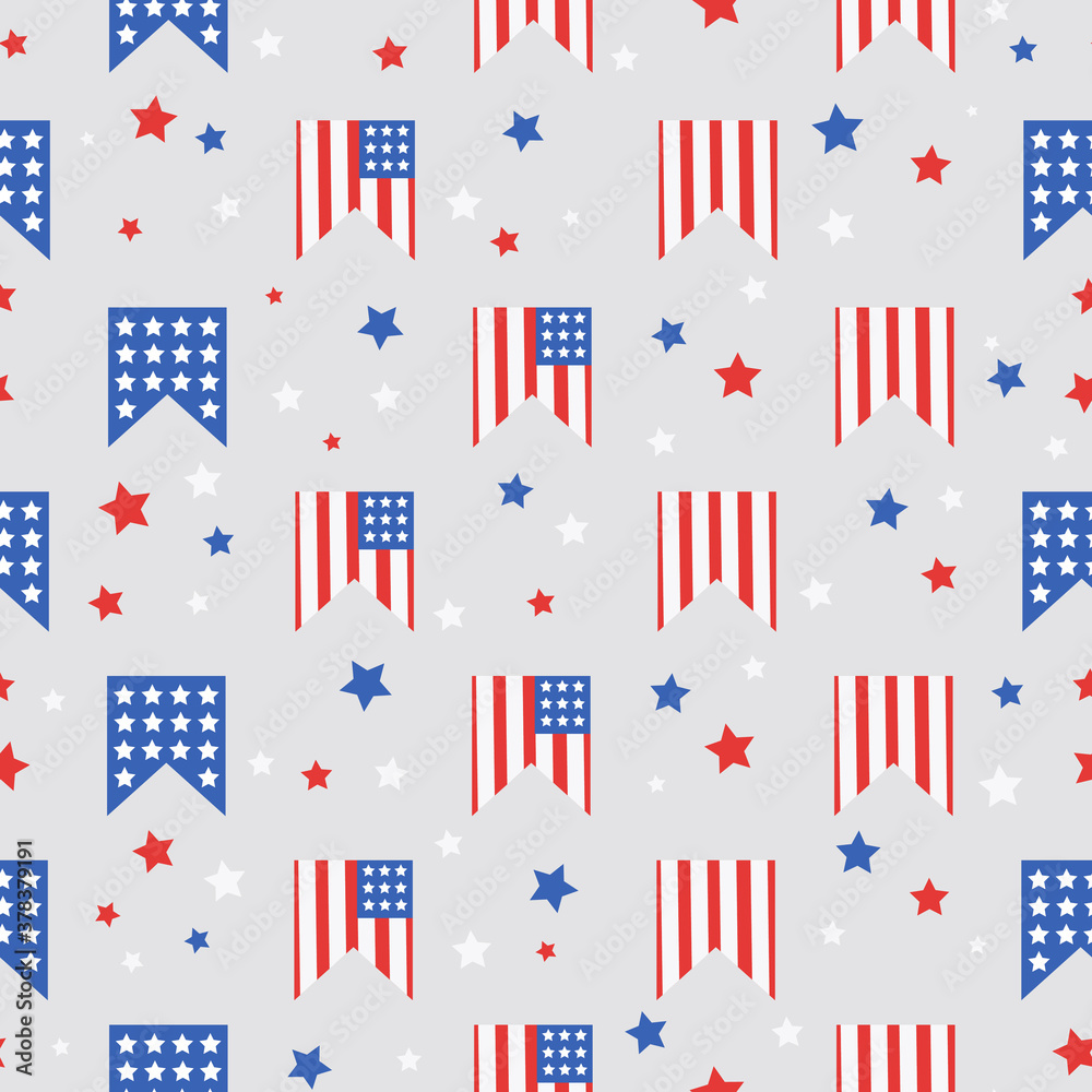 This is a seamless pattern of the flag USA on a gray background. Could be used for flyers, postcards, banners, gift paper, holiday, etc. This is a seamless pattern of the flag USA on a gray background. Could be used for flyers, postcards, banners, gift paper, holiday, etc.