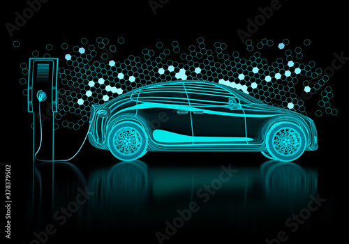 Computer generated cad model of electric car at charging station made from digital lines and mesh on black background. 3d render.